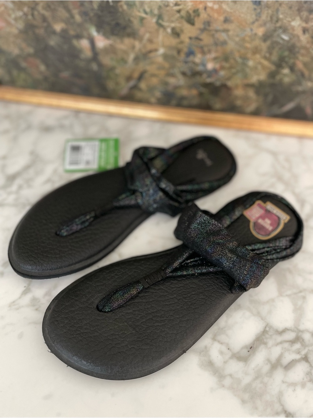 Sanuk Yoga Sling 2 Metallic Shimmer Black Sandals Size 8 - Picture 3 of 6